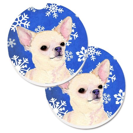 Carolines Treasures Chihuahua Winter Snowflakes Holiday Set of 2 Cup Holder Car Coaster SS4610CARC